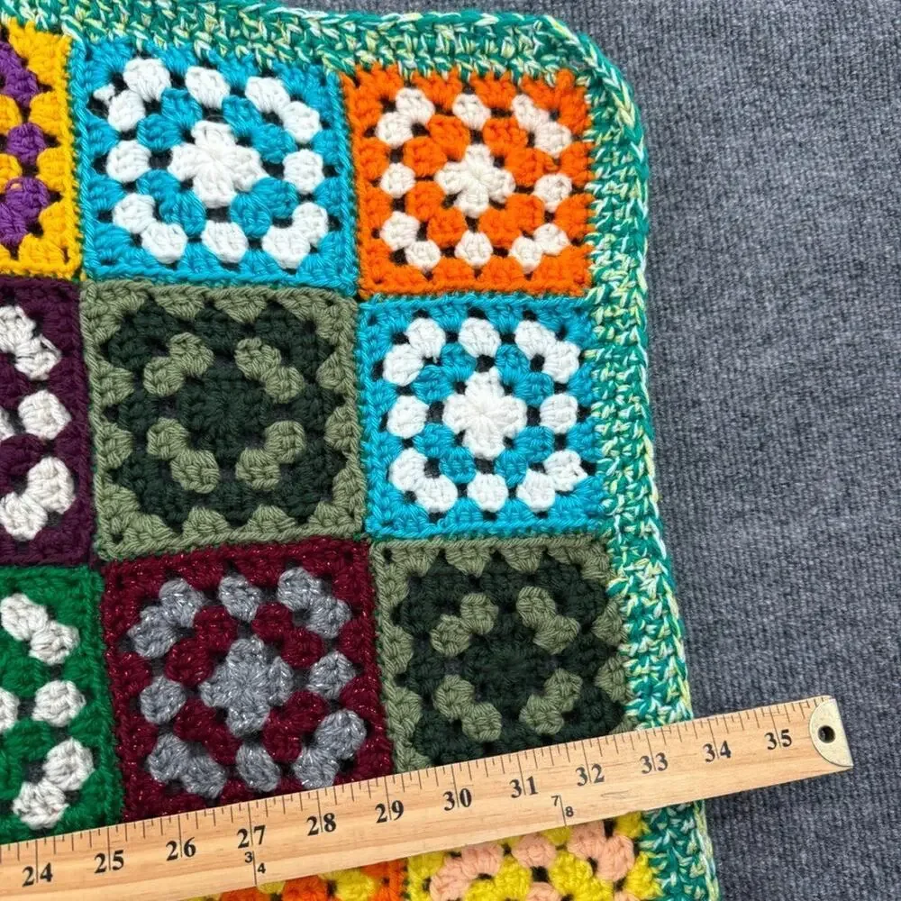 Crochet Granny Square Baby Blanket Small Ivory Multicolor Handmade 33X38 Afghan